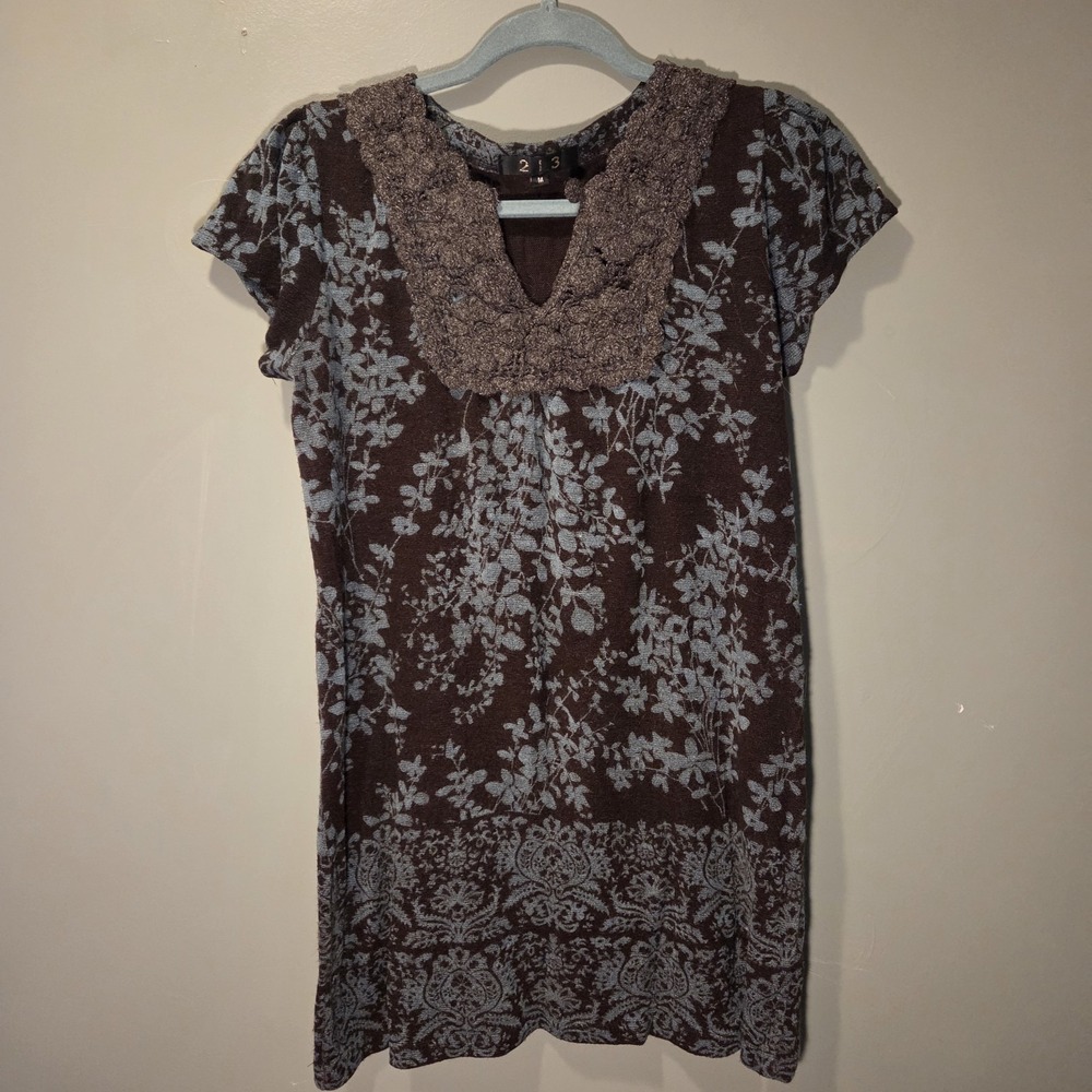 213 Wool Blend Short Sleeve Mini Sweater Dress Boho, Women's Size M, Brown Blue - Picture 3 of 10